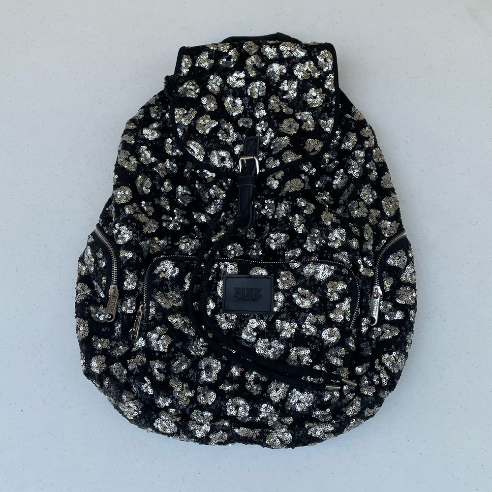 Victoria’s Secret Pink Bling Backpack Sequin Leopard Travel Bag Cheetah Animal - Picture 1 of 14